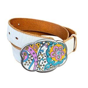 Leather Womens White Belt With Colorful Paisley Buckle Design
